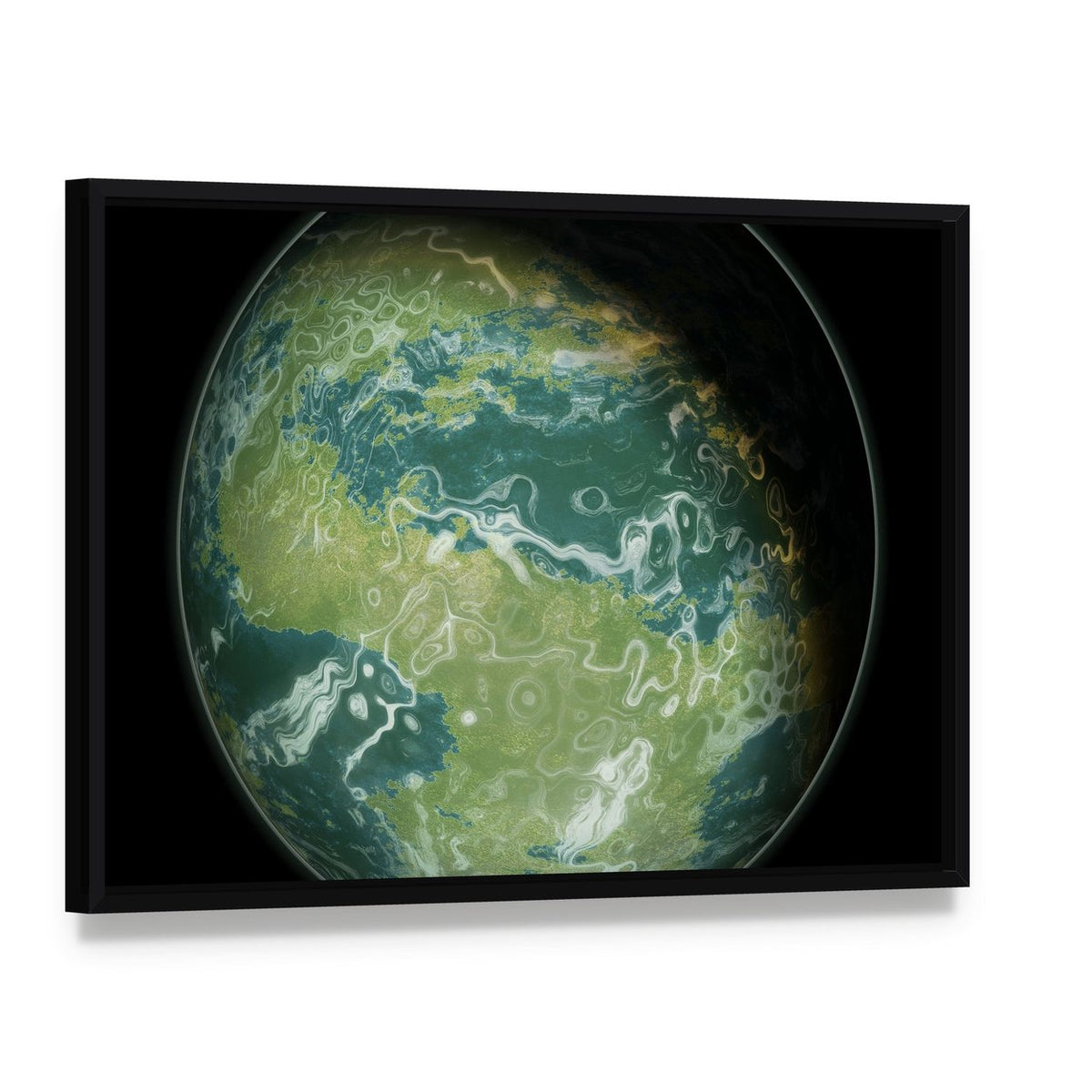 Green Planet Canvas Wall Art, framed canvas in a black floater frame, angled product view