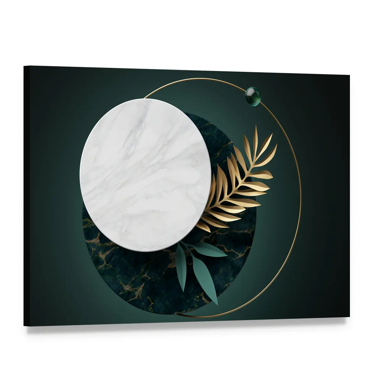 Green and Gold Geometric Botanical Abstract Canvas Wall Art, single panel gallery wrapped canvas, angled product view