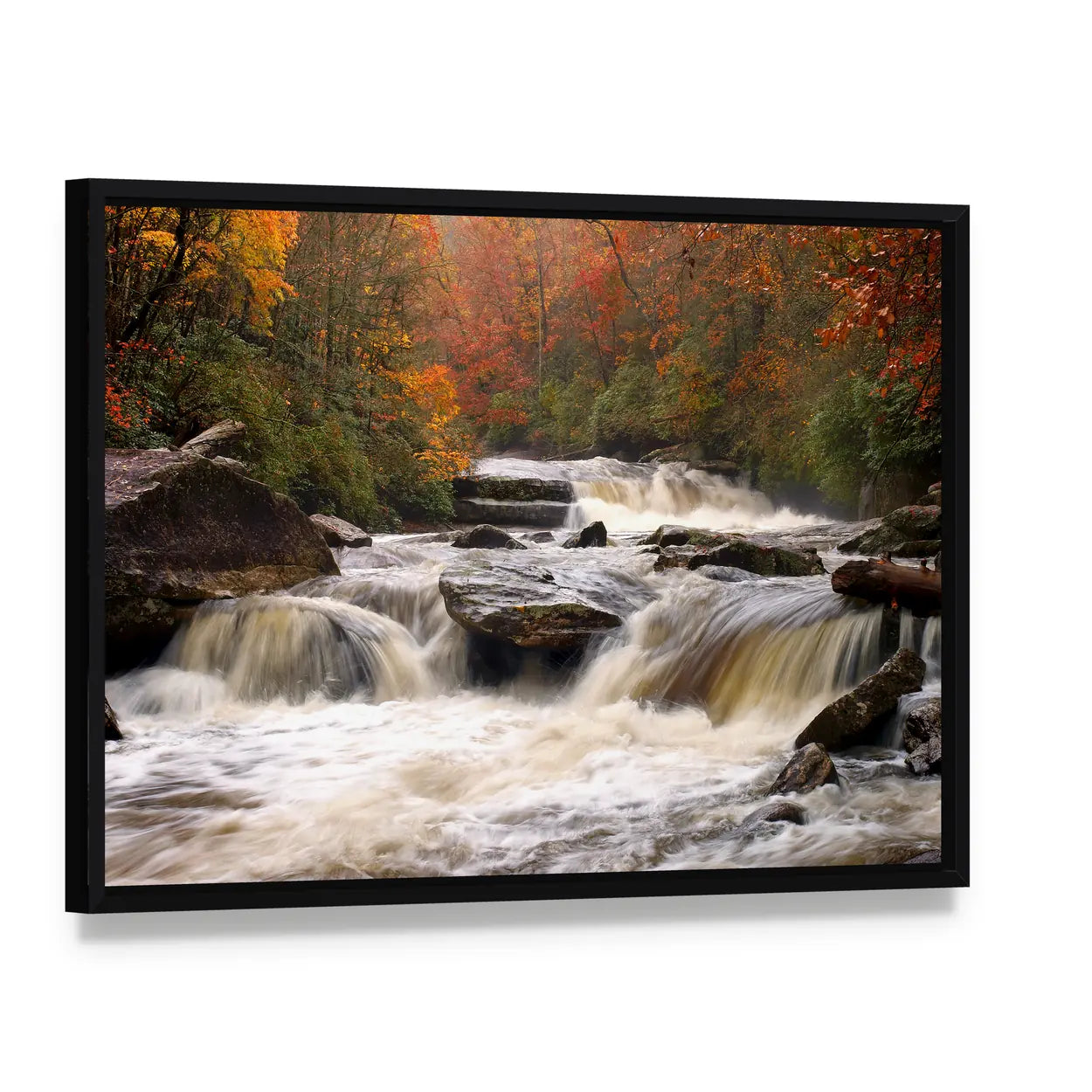 Autumn Mountain River In Carolina Canvas Wall Art, framed canvas in a black floater frame, angled product view