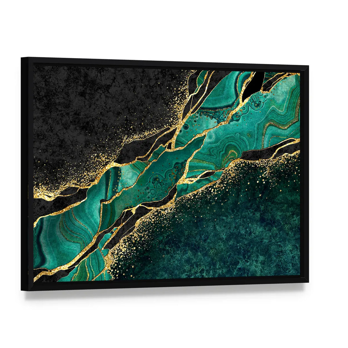 Teal Malachite Geode with Gold Veins Canvas Wall Art, framed canvas in a black floater frame, angled product view