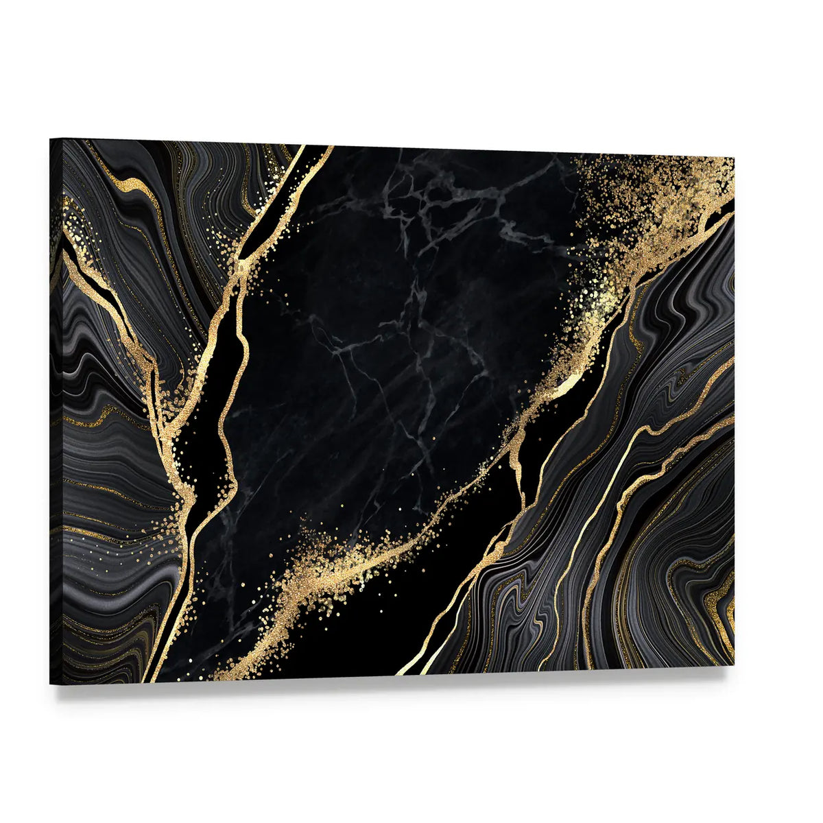 Black Marble With Gold Veins Canvas Wall Art, single panel gallery wrapped canvas, angled product view