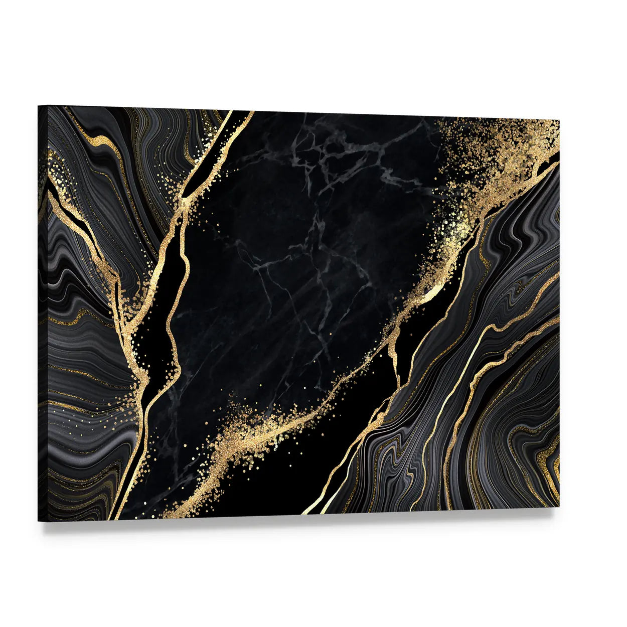 Black Marble With Gold Veins Canvas Wall Art, single panel gallery wrapped canvas, angled product view