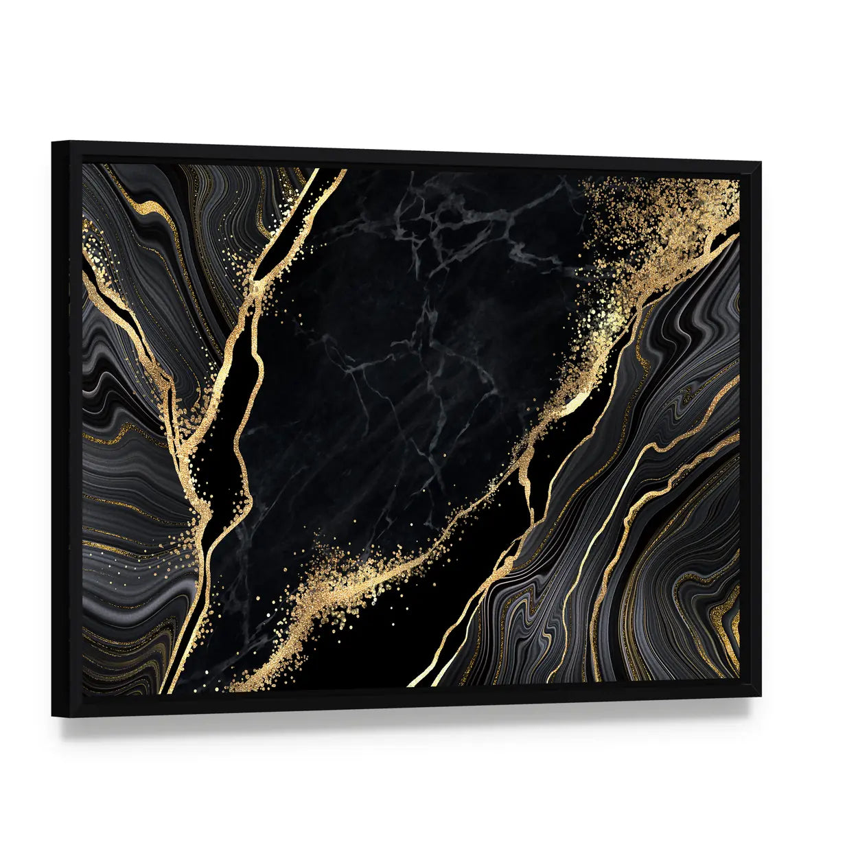Black Marble With Gold Veins Canvas Wall Art, framed canvas in a black floater frame, angled product view