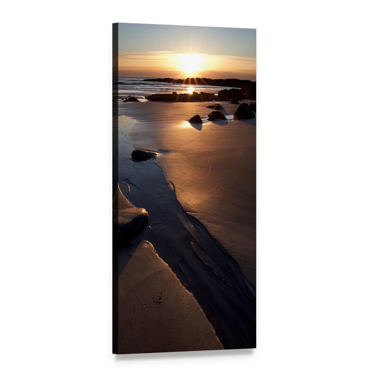 Ocean Rocks and Beach at Dawn with Sun Flares Vertical Canvas Wall Art, 1 panel 1 Vertical layout gallery wrapped canvas set, angled product view