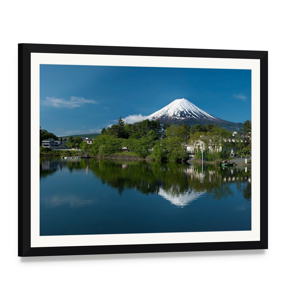 Mount Fuji Reflected in Lake Canvas Wall Art, framed print with white mat and black frame, angled product view