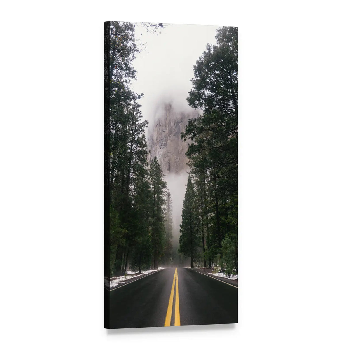 Road Through Foggy Winter Forest Vertical Canvas Wall Art, 1 panel 1 Vertical layout gallery wrapped canvas set, angled product view