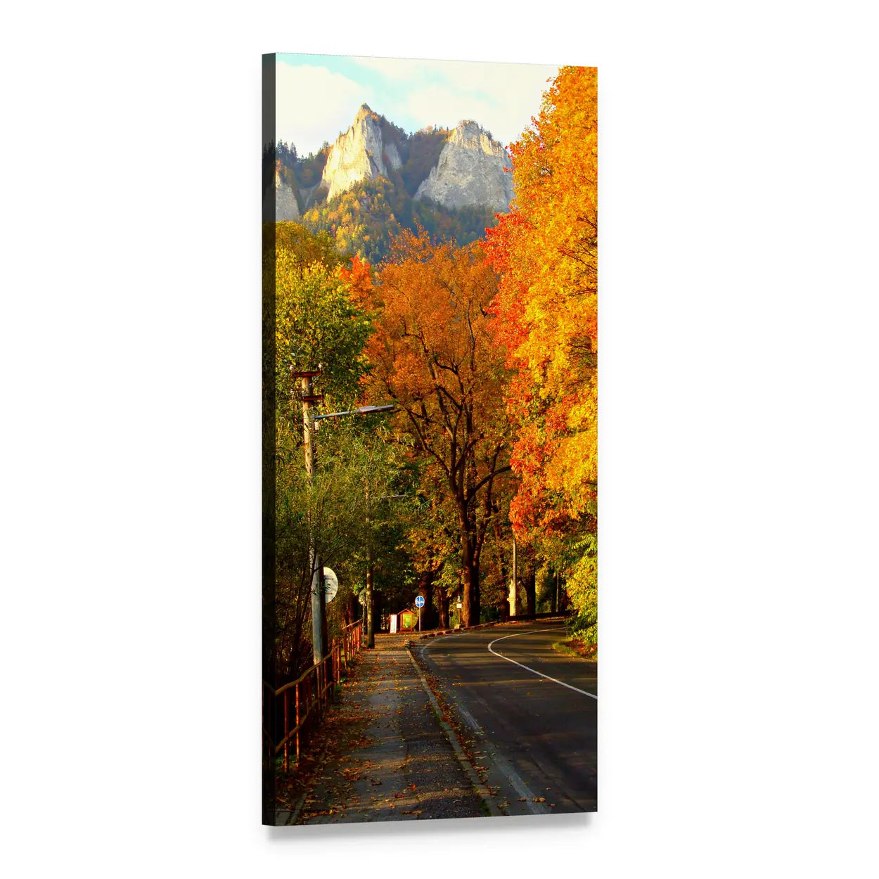 Autumn Highway Lined with Trees Vertical Canvas Wall Art, 1 panel 1 Vertical layout gallery wrapped canvas set, angled product view