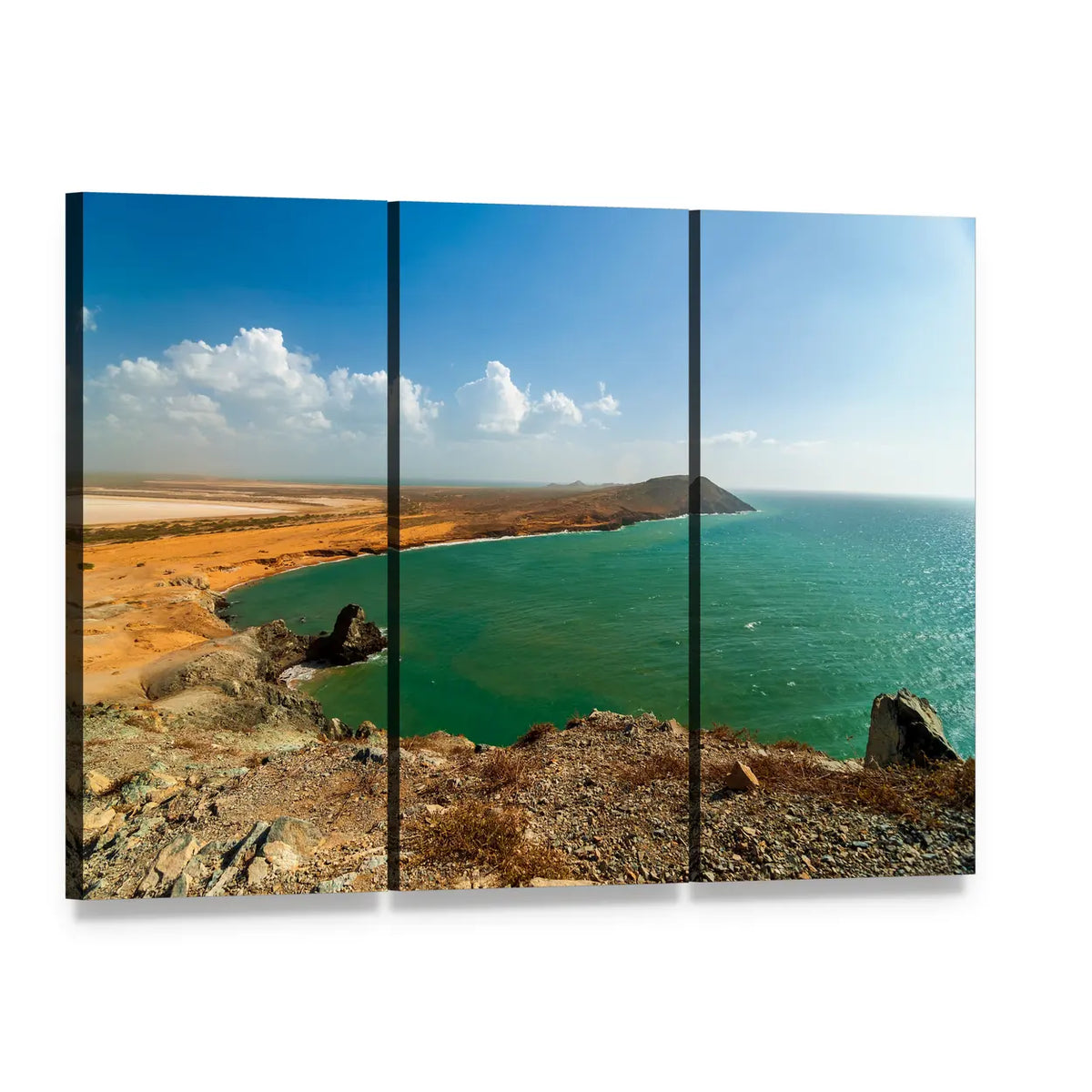 Coastline in La Guajira Canvas Wall Art, 3 panel 3 Horizontal layout gallery wrapped canvas set, angled product view