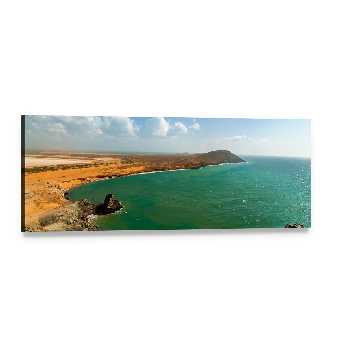 La Guajira Coastal Landscape Panoramic Canvas Wall Art, single panel gallery wrapped canvas, angled product view