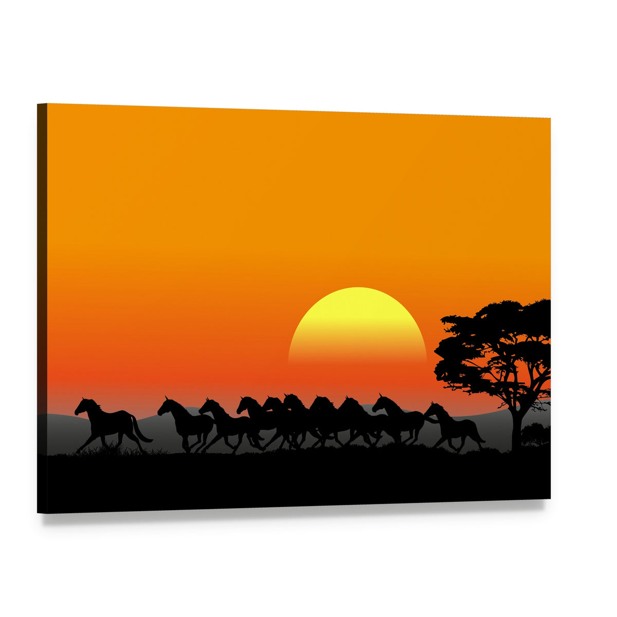 Running Herd at Sunset Canvas Wall Art, single panel gallery wrapped canvas, angled product view