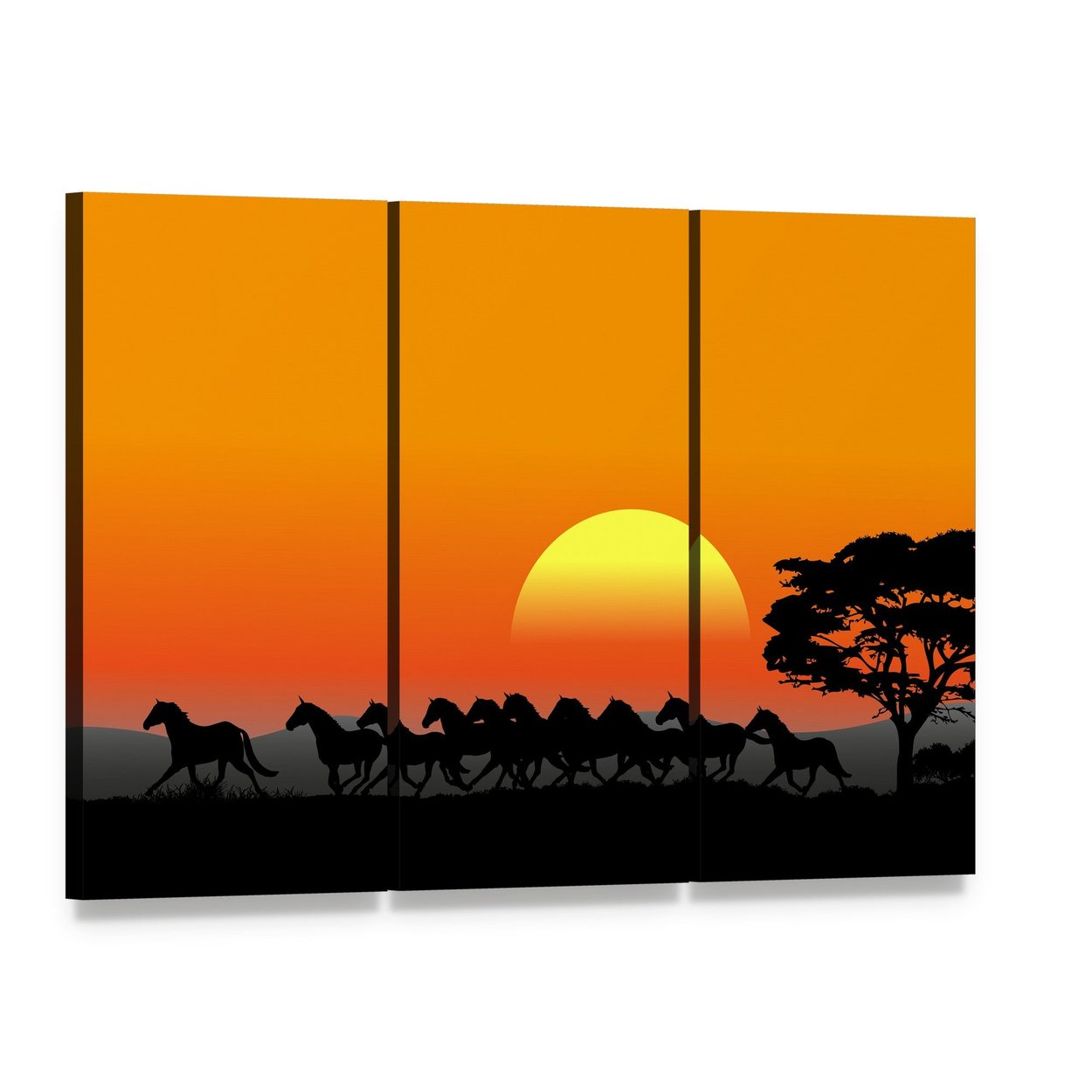 Running Herd at Sunset Canvas Wall Art, 3 panel 3 Horizontal layout gallery wrapped canvas set, angled product view