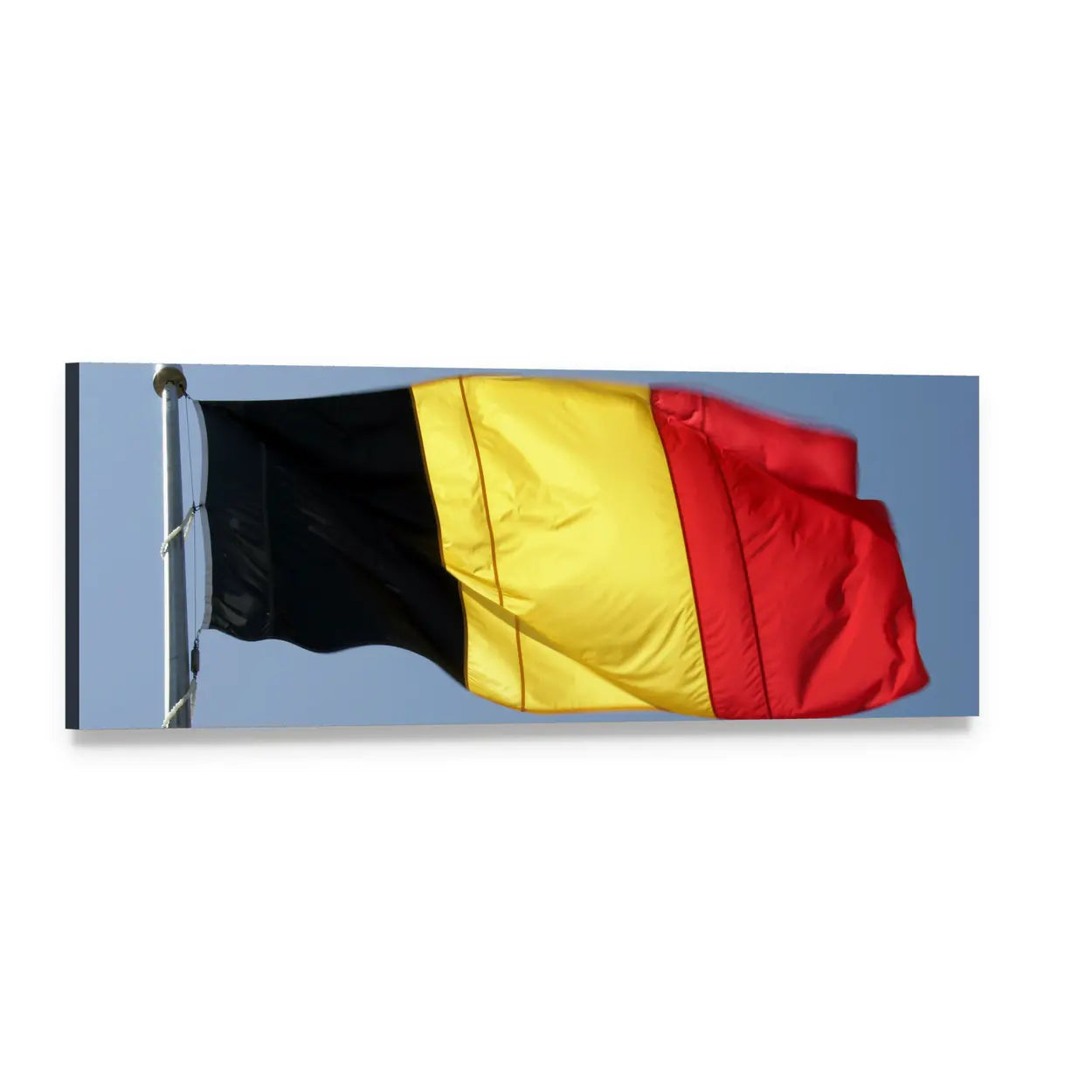 Belgian Flag Waving on Pole Panoramic Canvas Wall Art, single panel gallery wrapped canvas, angled product view