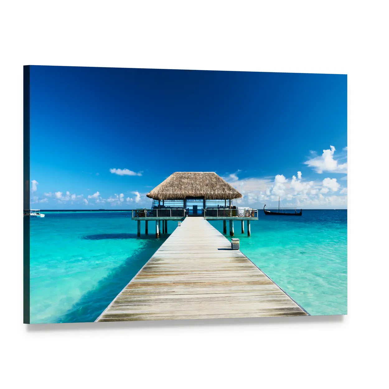 Maldives Wooden Jetty Over Turquoise Ocean Canvas Wall Art, single panel gallery wrapped canvas, angled product view
