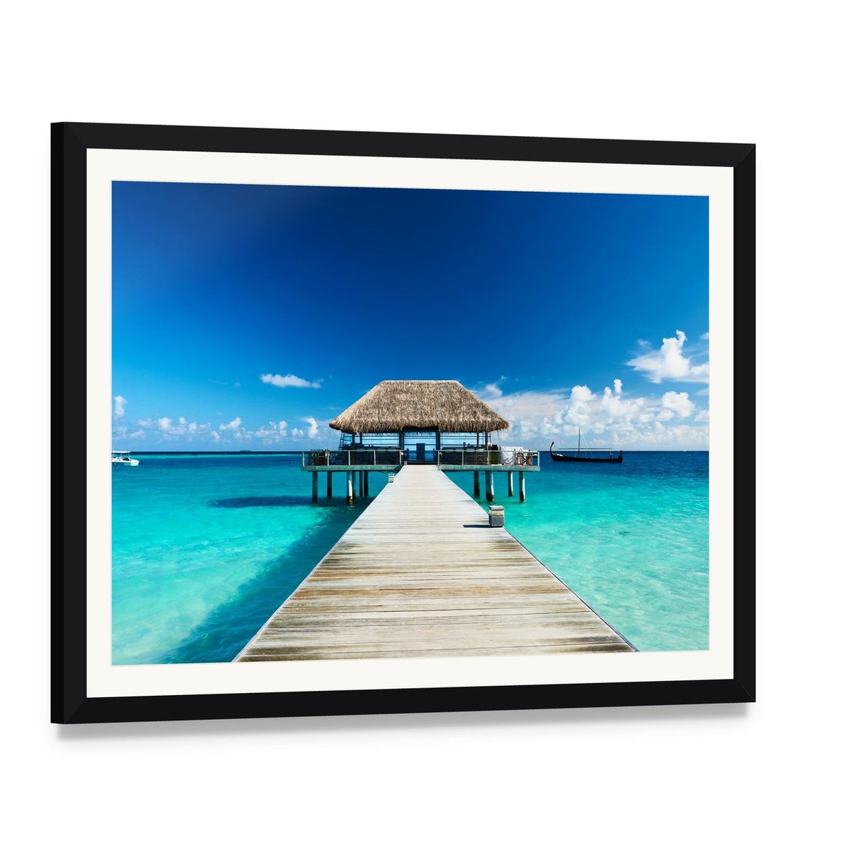 Maldives Pier and Thatched Hut on Turquoise Shore Canvas Wall Art, framed print with white mat and black frame, angled product view