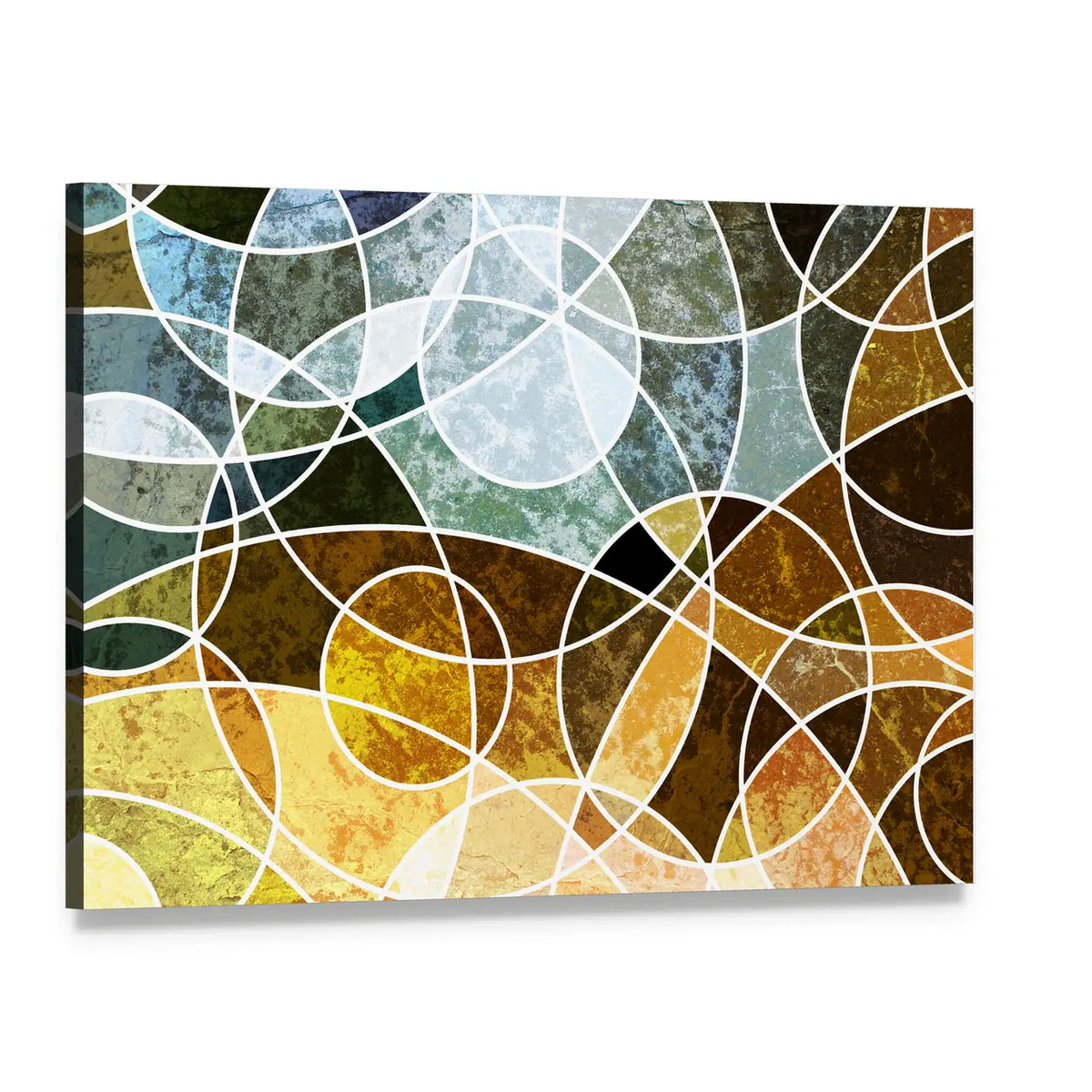 Abstract Geometric Circles in Blue and Green Canvas Wall Art, single panel gallery wrapped canvas, angled product view