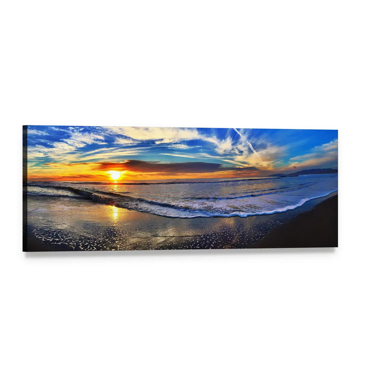 Sunset Beach View with Sun Reflection Panoramic Canvas Wall Art, single panel gallery wrapped canvas, angled product view