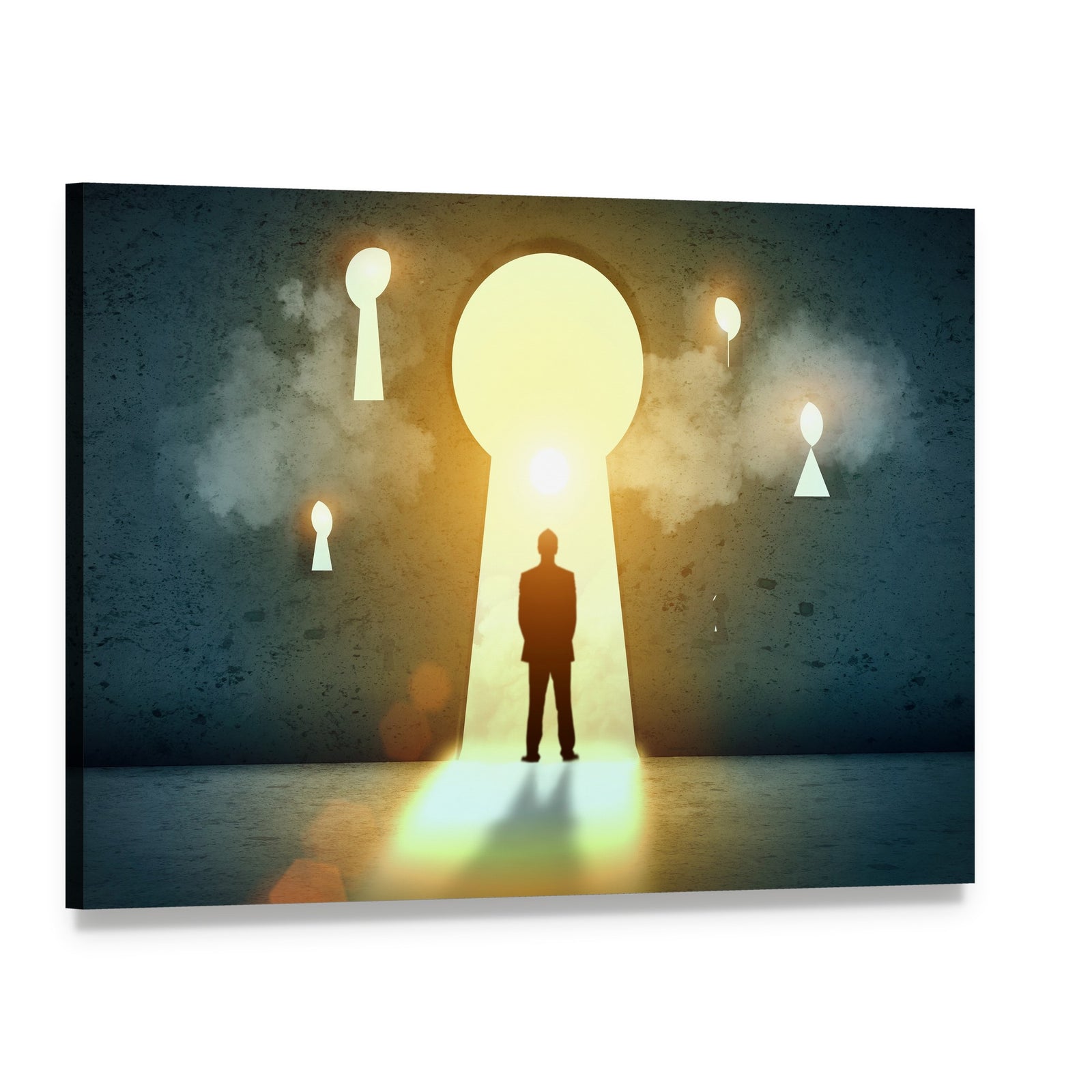 Businessman Silhouette in Keyhole with Light Beams Canvas Wall Art, single panel gallery wrapped canvas, angled product view