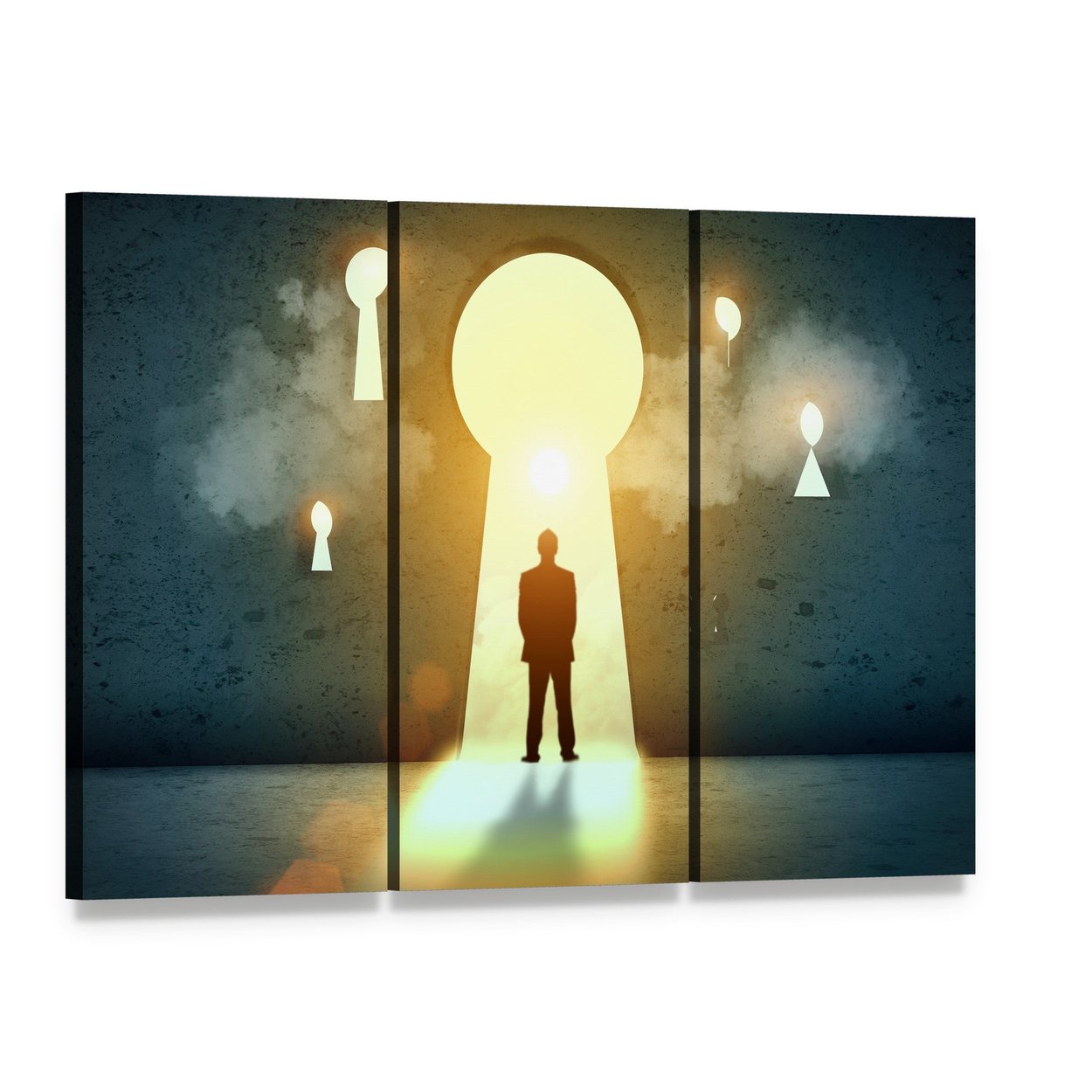 Businessman Silhouette in Keyhole with Light Beams Canvas Wall Art, 3 panel 3 Horizontal layout gallery wrapped canvas set, angled product view