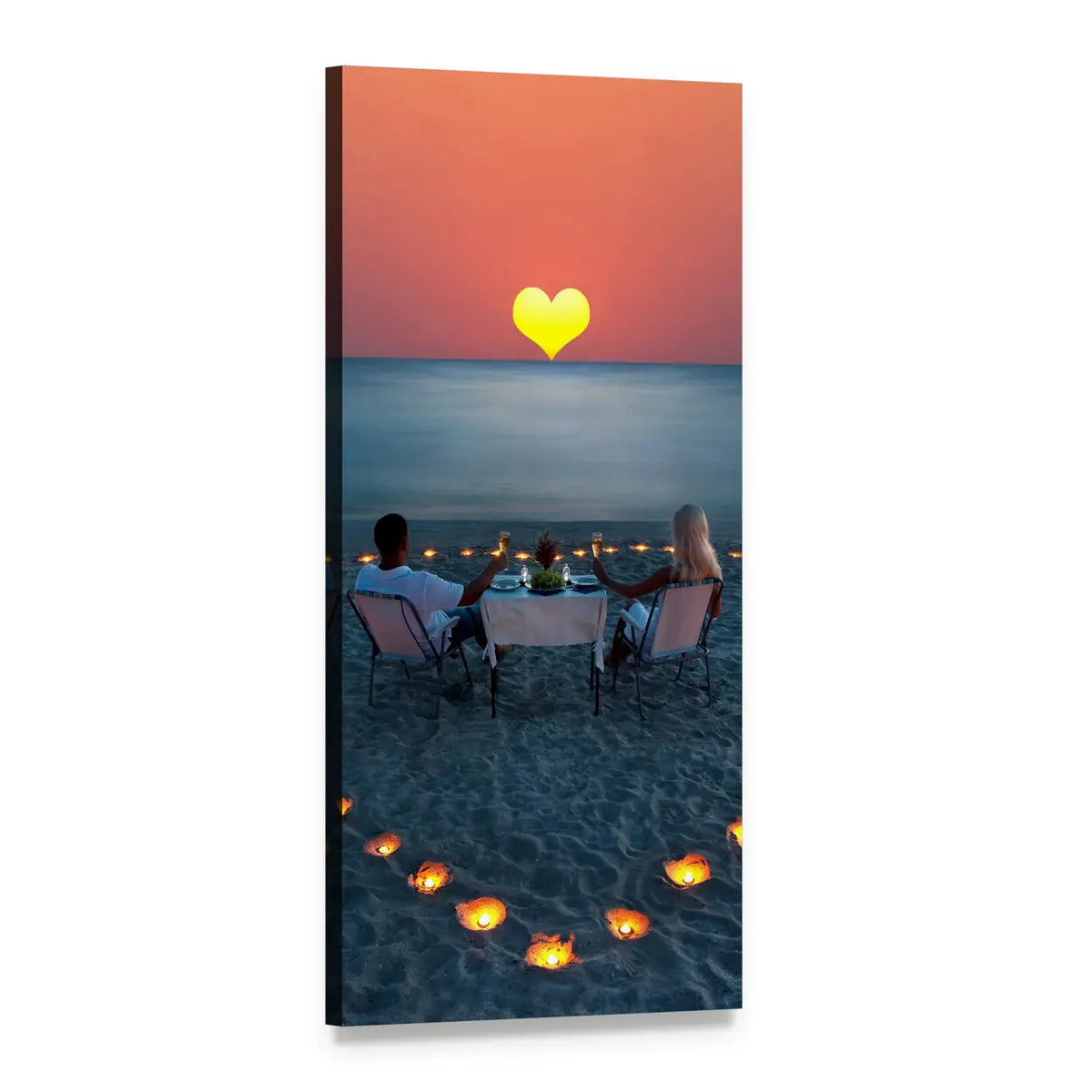 Romantic Beach Dinner at Sunset Vertical Canvas Wall Art, 1 panel 1 Vertical layout gallery wrapped canvas set, angled product view