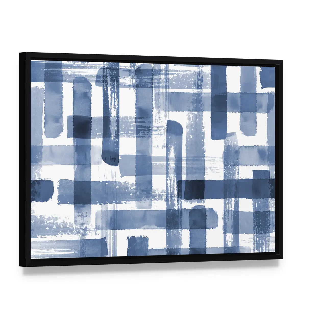 Blue Grunge Cross Geometric Shapes Canvas Wall Art, framed canvas in a black floater frame, angled product view