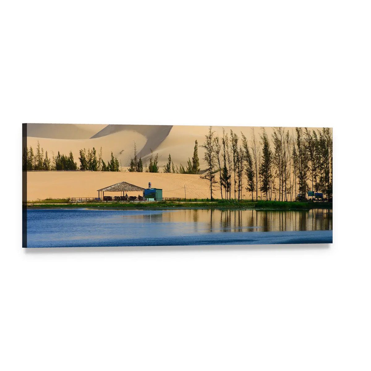 White Sand Dune and Desert Oasis Panoramic Canvas Wall Art, single panel gallery wrapped canvas, angled product view