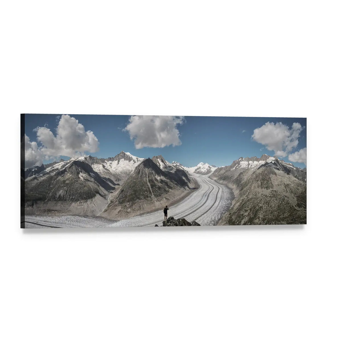 Winding Glacier Through Snow-capped Mountains Panoramic Canvas Wall Art, single panel gallery wrapped canvas, angled product view