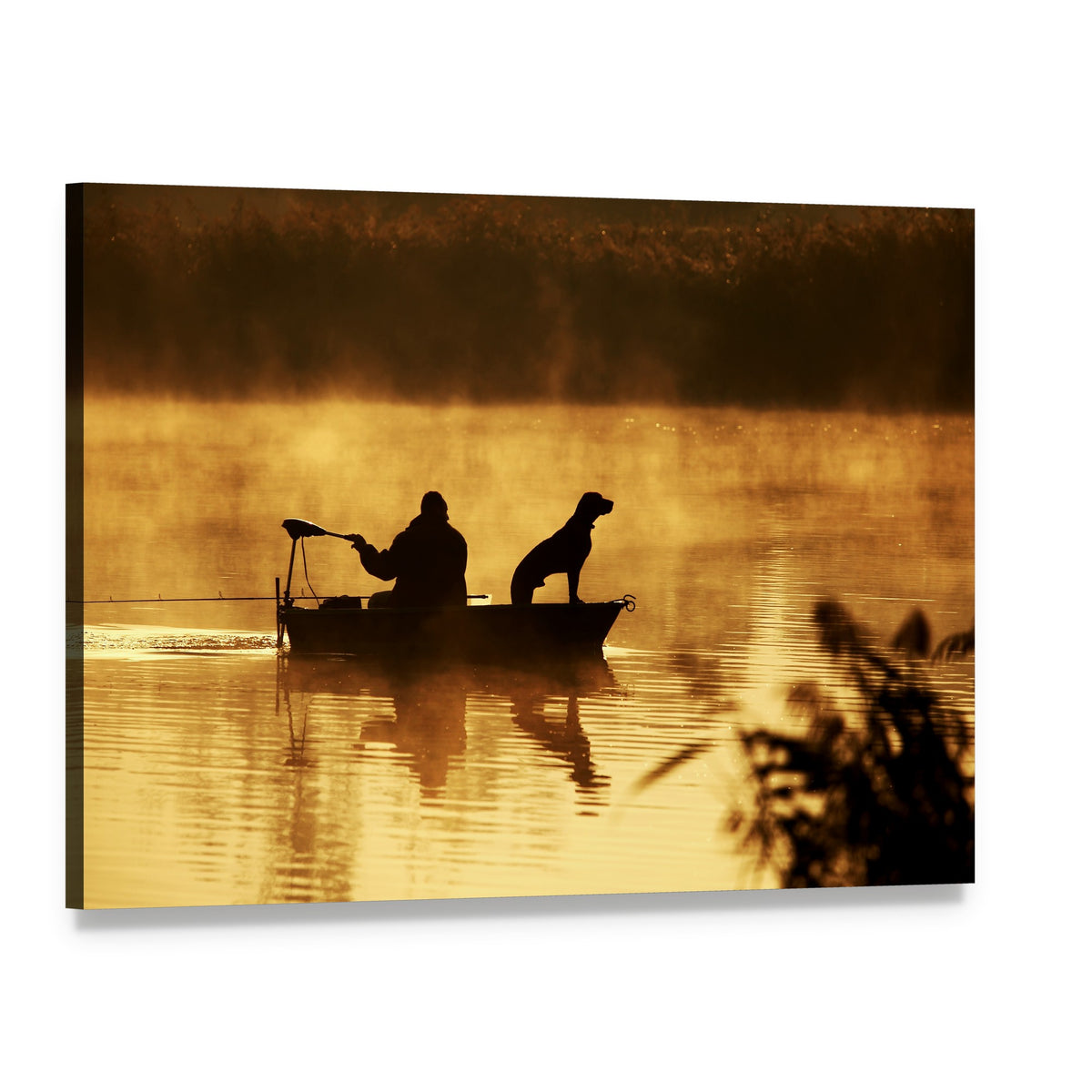Fisher Man and Dog Silhouette Canvas Wall Art, single panel gallery wrapped canvas, angled product view