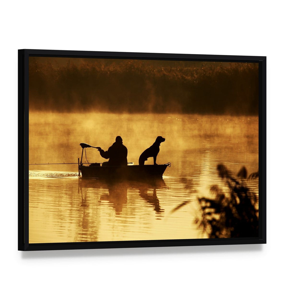 Fisher Man and Dog Silhouette Canvas Wall Art, framed canvas in a black floater frame, angled product view