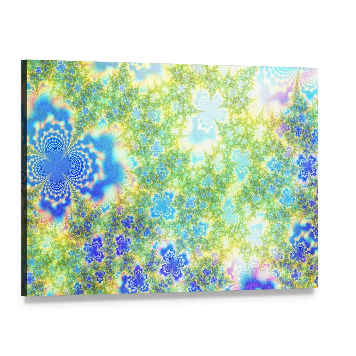 Fractal Floral Geometry in Blue and Green Canvas Wall Art, single panel gallery wrapped canvas, angled product view