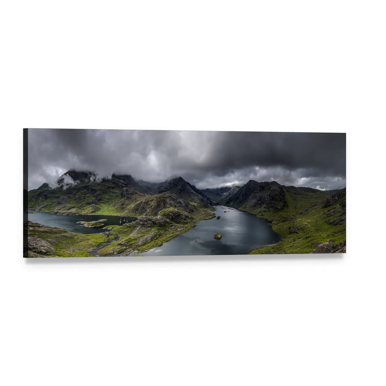 Rugged Mountains Over Reflective Lake Panoramic Canvas Wall Art, single panel gallery wrapped canvas, angled product view