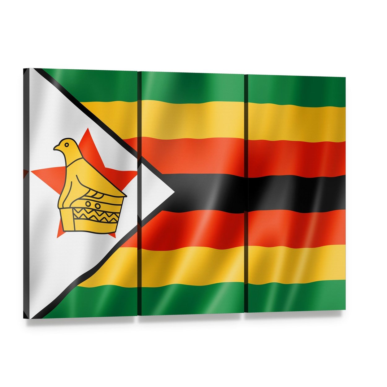 Zimbabwe Flag with Soapstone Bird Canvas Wall Art, 3 panel 3 Horizontal layout gallery wrapped canvas set, angled product view
