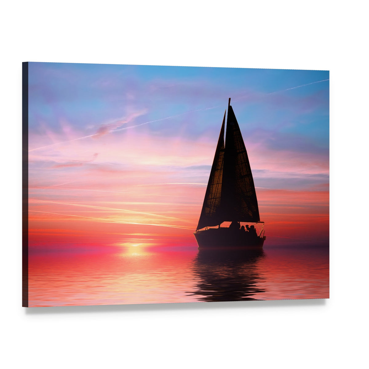 Sailing at Sunset on the Ocean Canvas Wall Art, single panel gallery wrapped canvas, angled product view