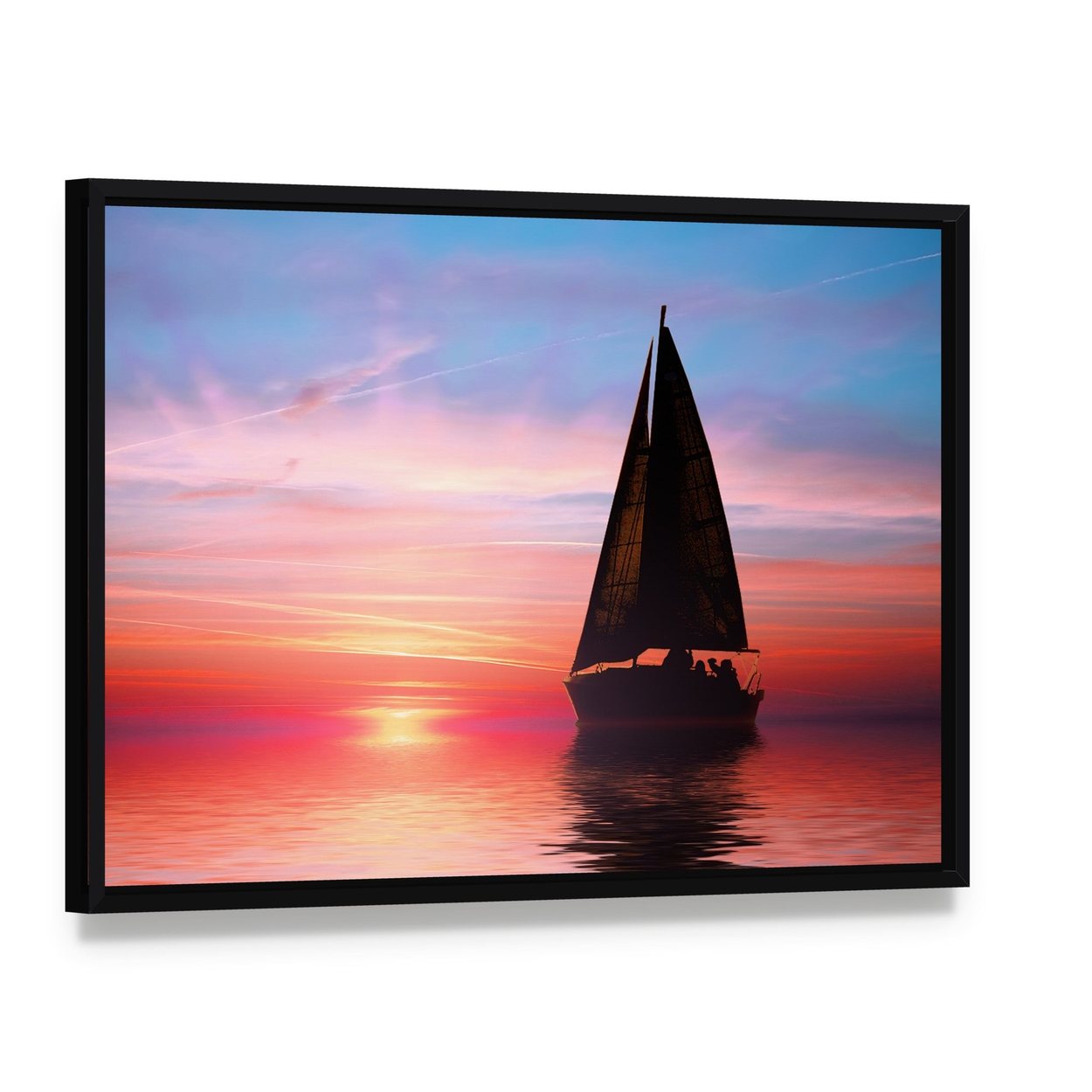 Sailing at Sunset on the Ocean Canvas Wall Art, framed canvas in a black floater frame, angled product view