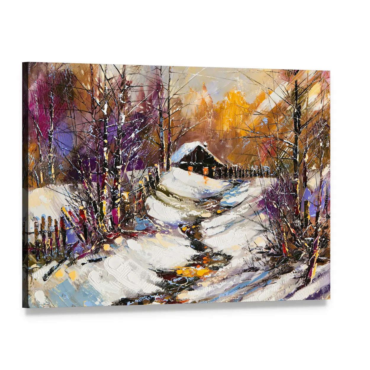 Rural Winter Landscape with Cabin Canvas Wall Art, single panel gallery wrapped canvas, angled product view
