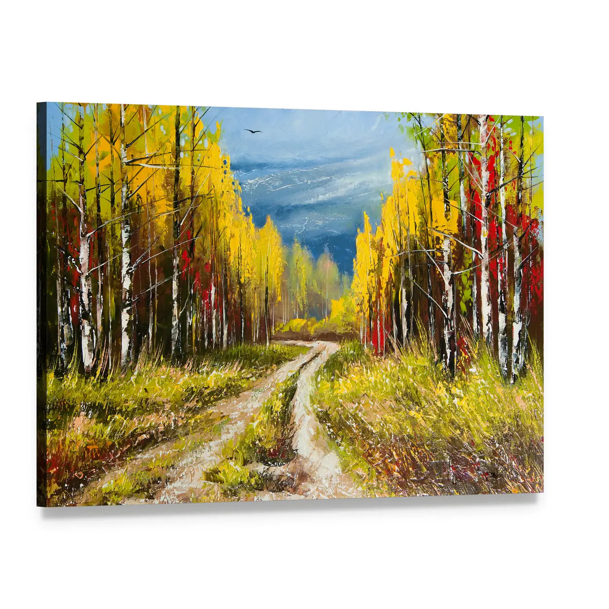 Autumn Forest Path with Birch Trees Canvas Wall Art, single panel gallery wrapped canvas, angled product view