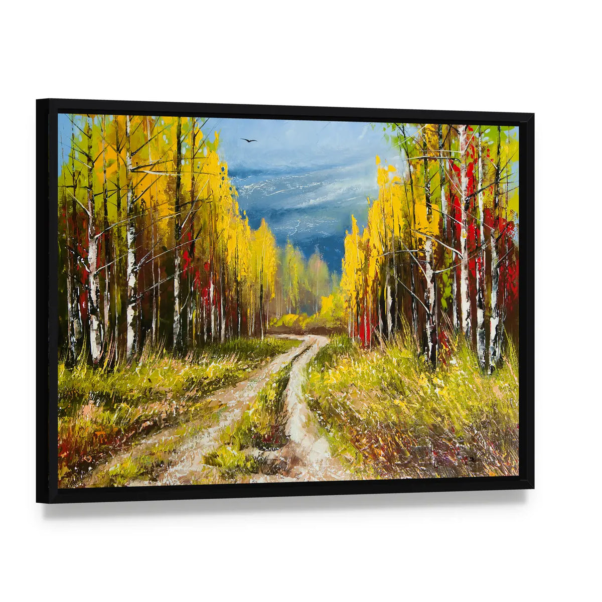 Autumn Forest Path with Birch Trees Canvas Wall Art, framed canvas in a black floater frame, angled product view