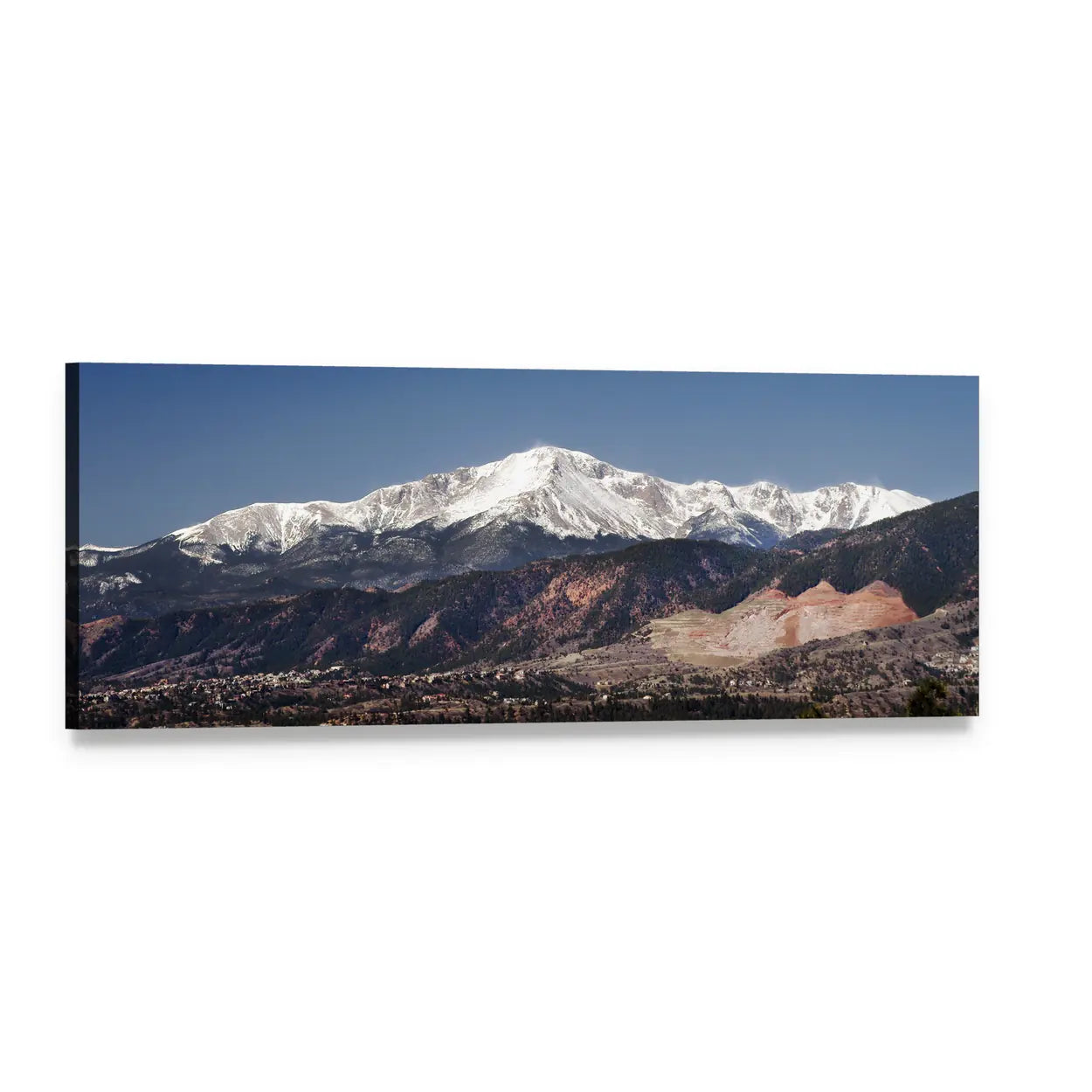 Pikes Peak Colorado Snow-capped View Panoramic Canvas Wall Art, single panel gallery wrapped canvas, angled product view