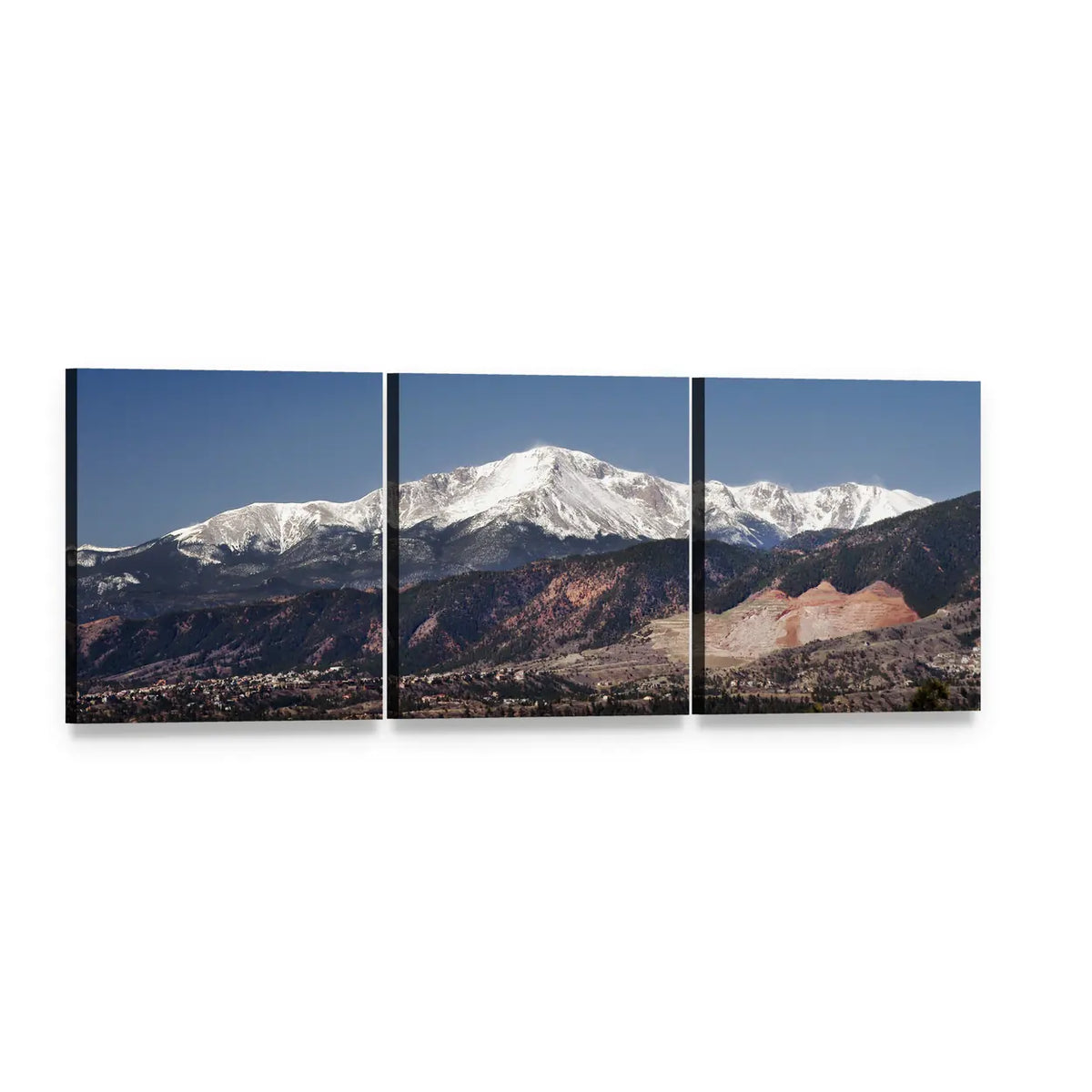 Pikes Peak Colorado Snow-capped View Panoramic Canvas Wall Art, 3 panel 3 Piece layout gallery wrapped canvas set, angled product view