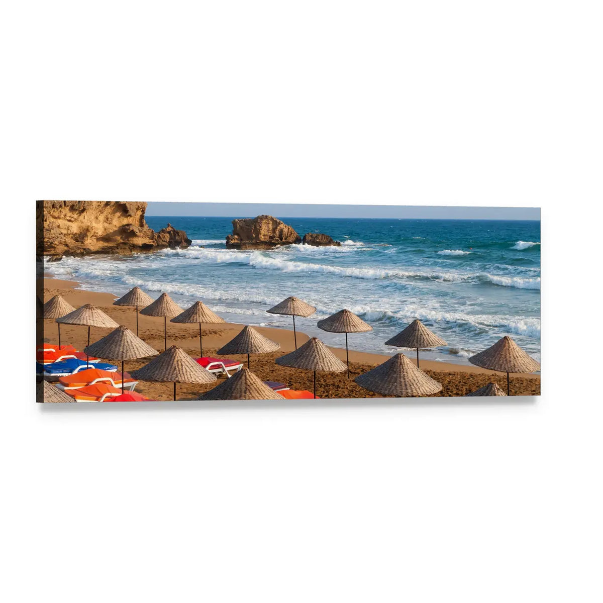Turkish Beach Daytime Seascape Panoramic Canvas Wall Art, single panel gallery wrapped canvas, angled product view