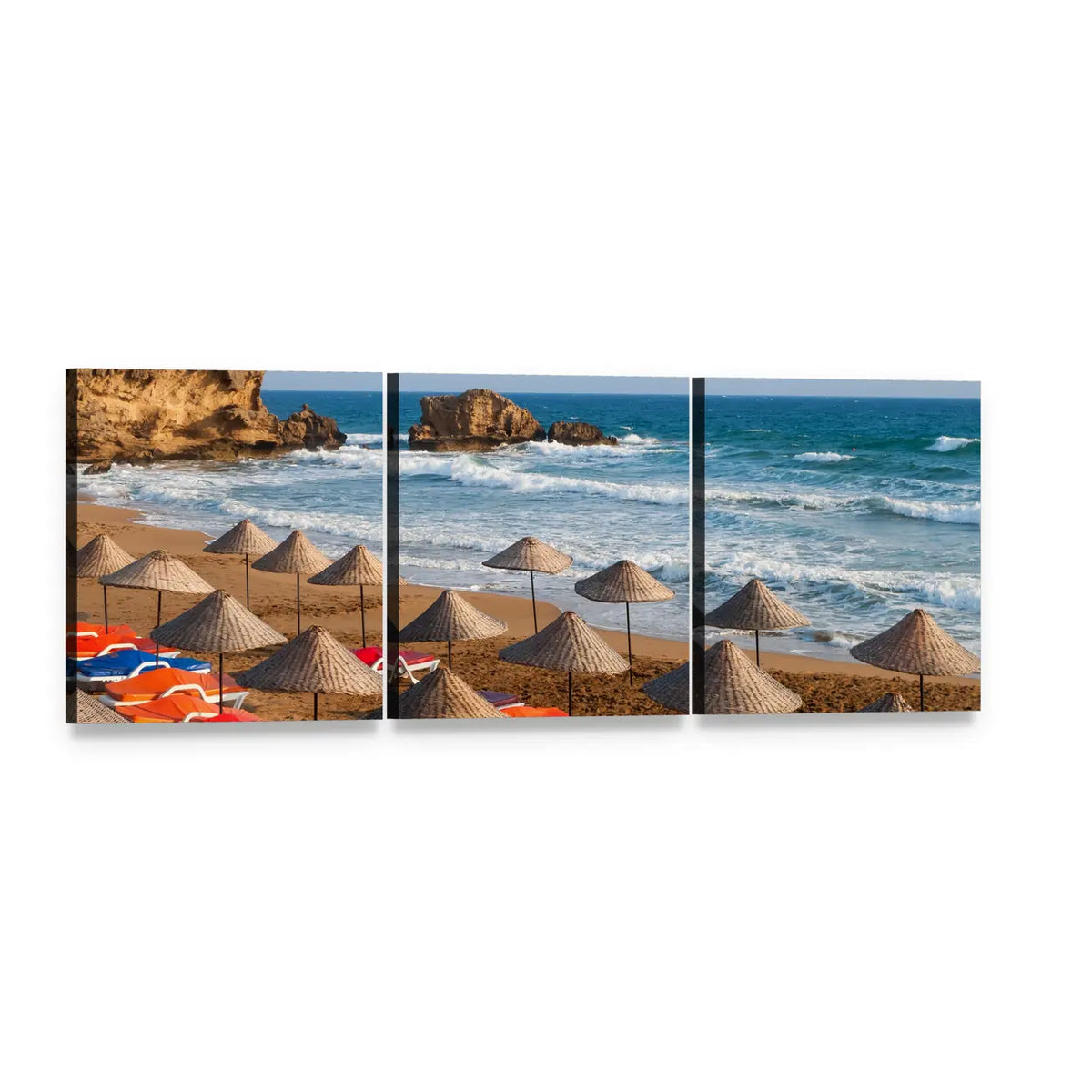 Turkish Beach Daytime Seascape Panoramic Canvas Wall Art, 3 panel 3 Piece layout gallery wrapped canvas set, angled product view