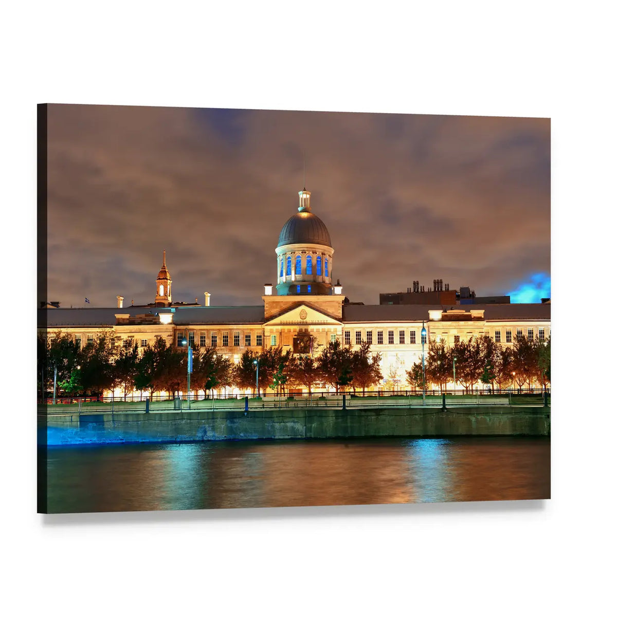 Bonsecours Market Night Reflection Canvas Wall Art, single panel gallery wrapped canvas, angled product view