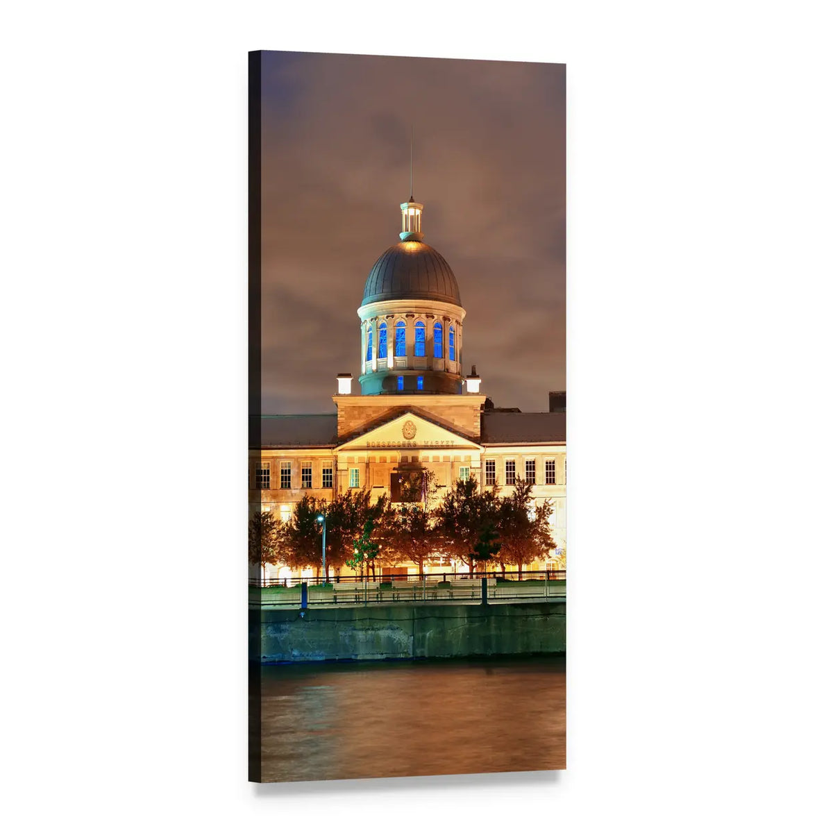Bonsecours Market Night Reflections Vertical Canvas Wall Art, 1 panel 1 Vertical layout gallery wrapped canvas set, angled product view