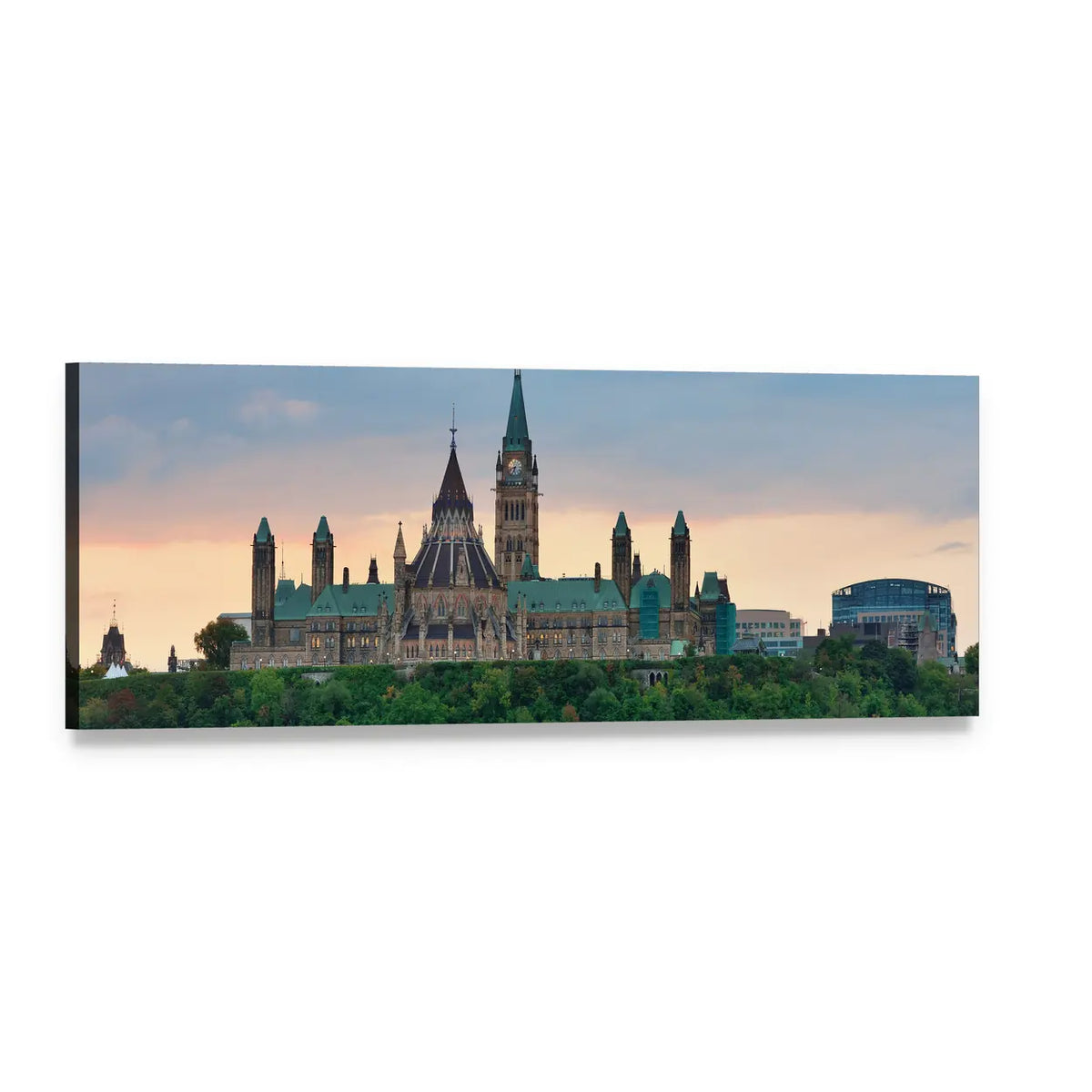 Ottawa Skyline with Peace Tower Panoramic Canvas Wall Art, single panel gallery wrapped canvas, angled product view