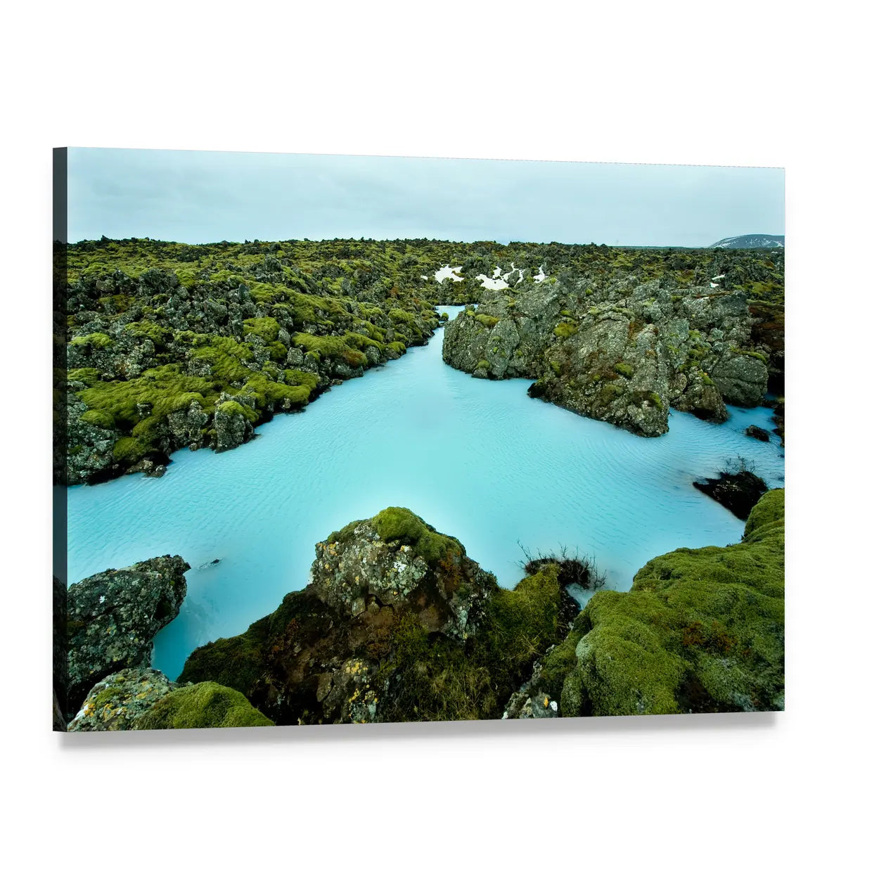 Moss-covered Lava Rocks Canvas Wall Art, single panel gallery wrapped canvas, angled product view