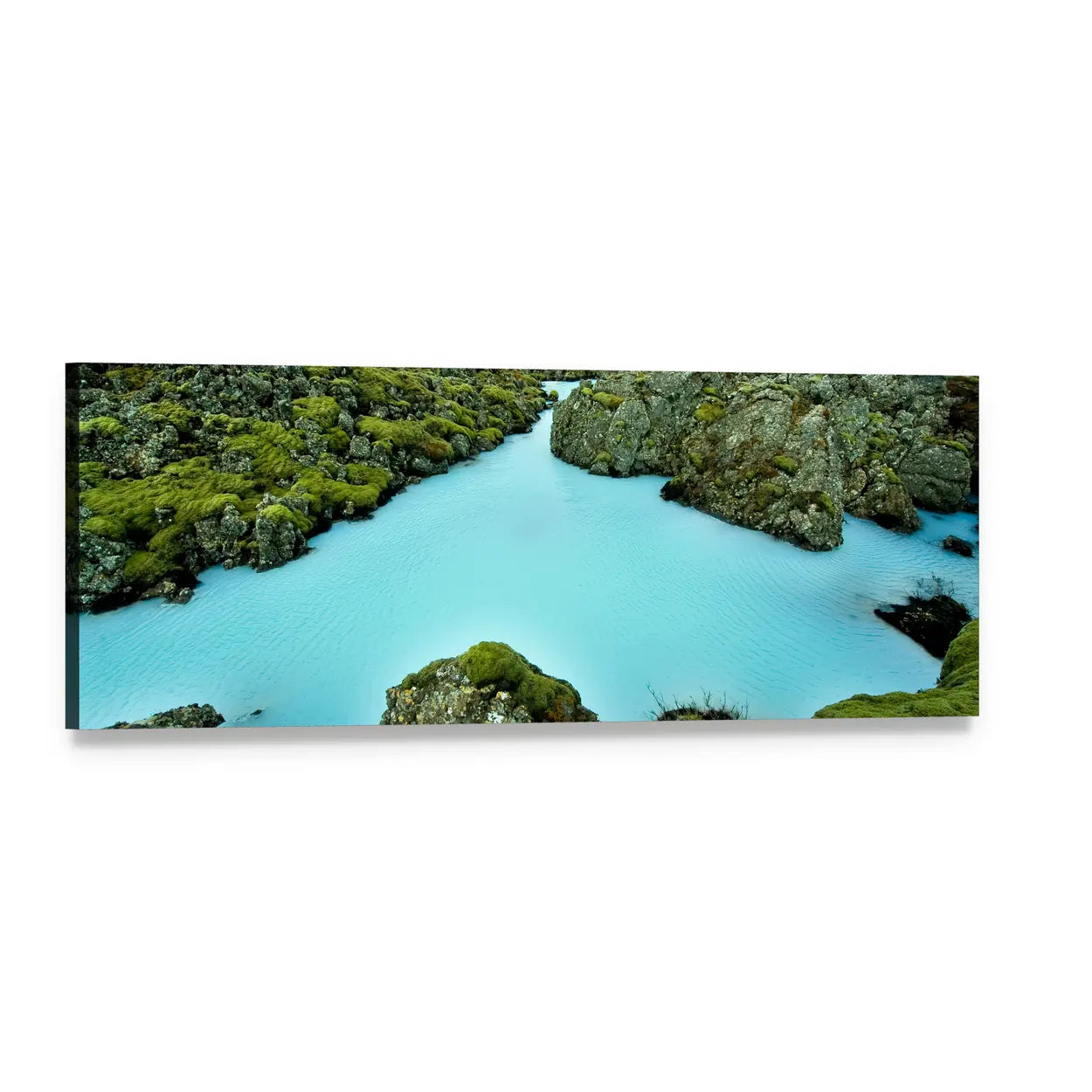 Moss-covered Lava Rocks with Turquoise Pool Panoramic Canvas Wall Art, single panel gallery wrapped canvas, angled product view
