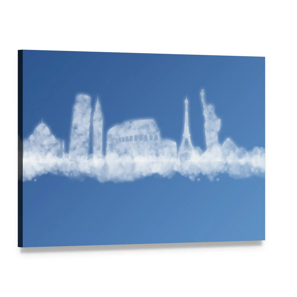 Commercial Jet with Landmark Smoke Trail Canvas Wall Art, single panel gallery wrapped canvas, angled product view