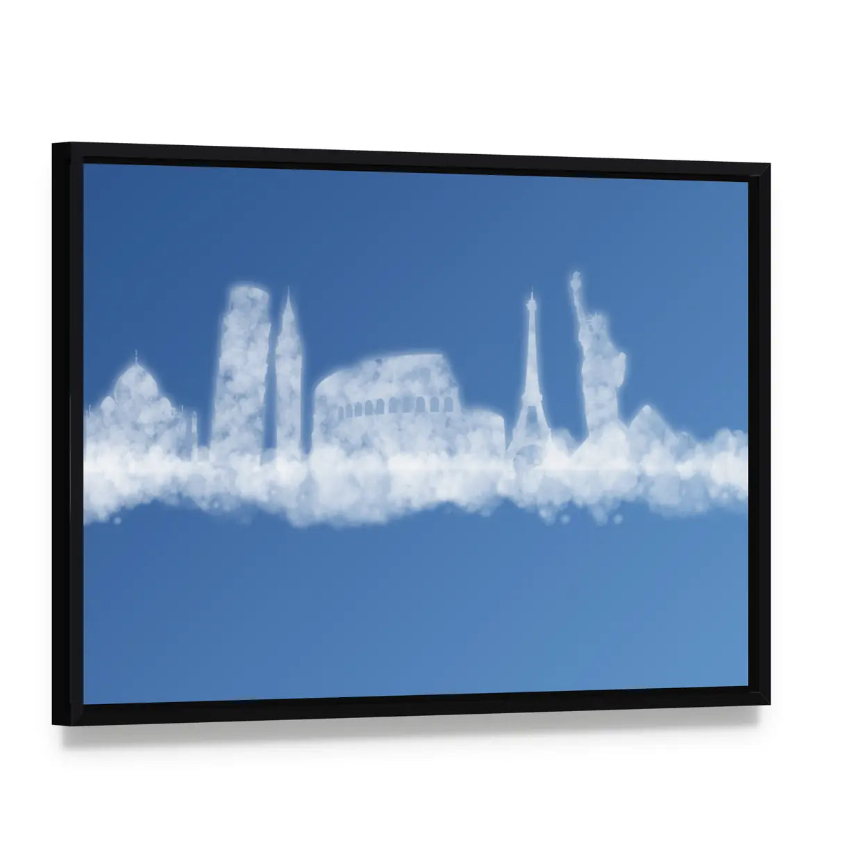 Commercial Jet with Landmark Smoke Trail Canvas Wall Art, framed canvas in a black floater frame, angled product view