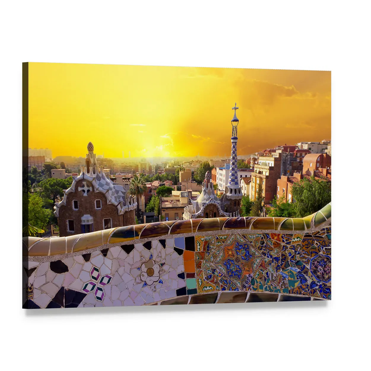 Park Güell Mosaic Bench at Sunset Canvas Wall Art, single panel gallery wrapped canvas, angled product view