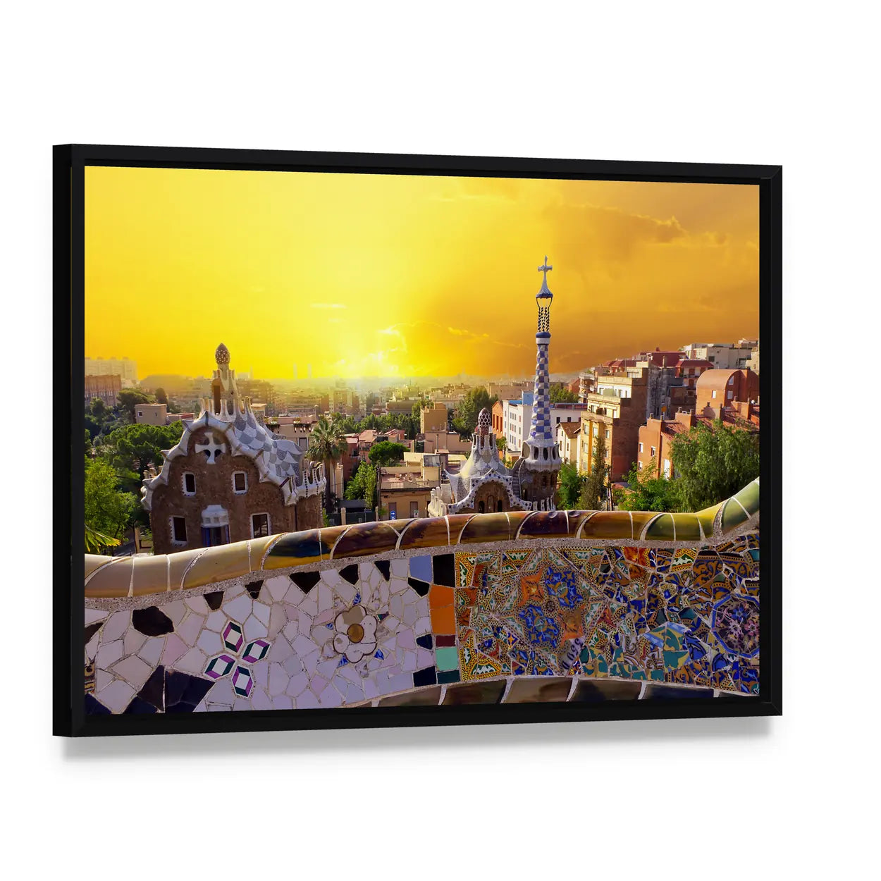 Park Güell Mosaic Bench at Sunset Canvas Wall Art, framed canvas in a black floater frame, angled product view