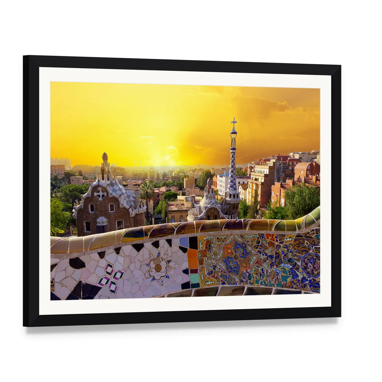 Park Güell Mosaic Bench at Sunset Canvas Wall Art, framed print with white mat and black frame, angled product view